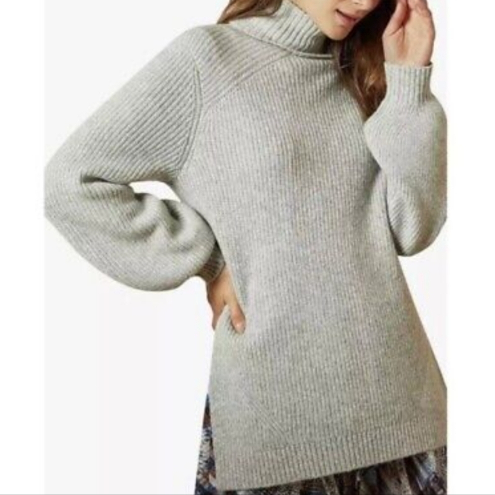 Ted Baker oversized Wool Grey Roll Neck Jumper sweater Bell Sleeves Size 3 8